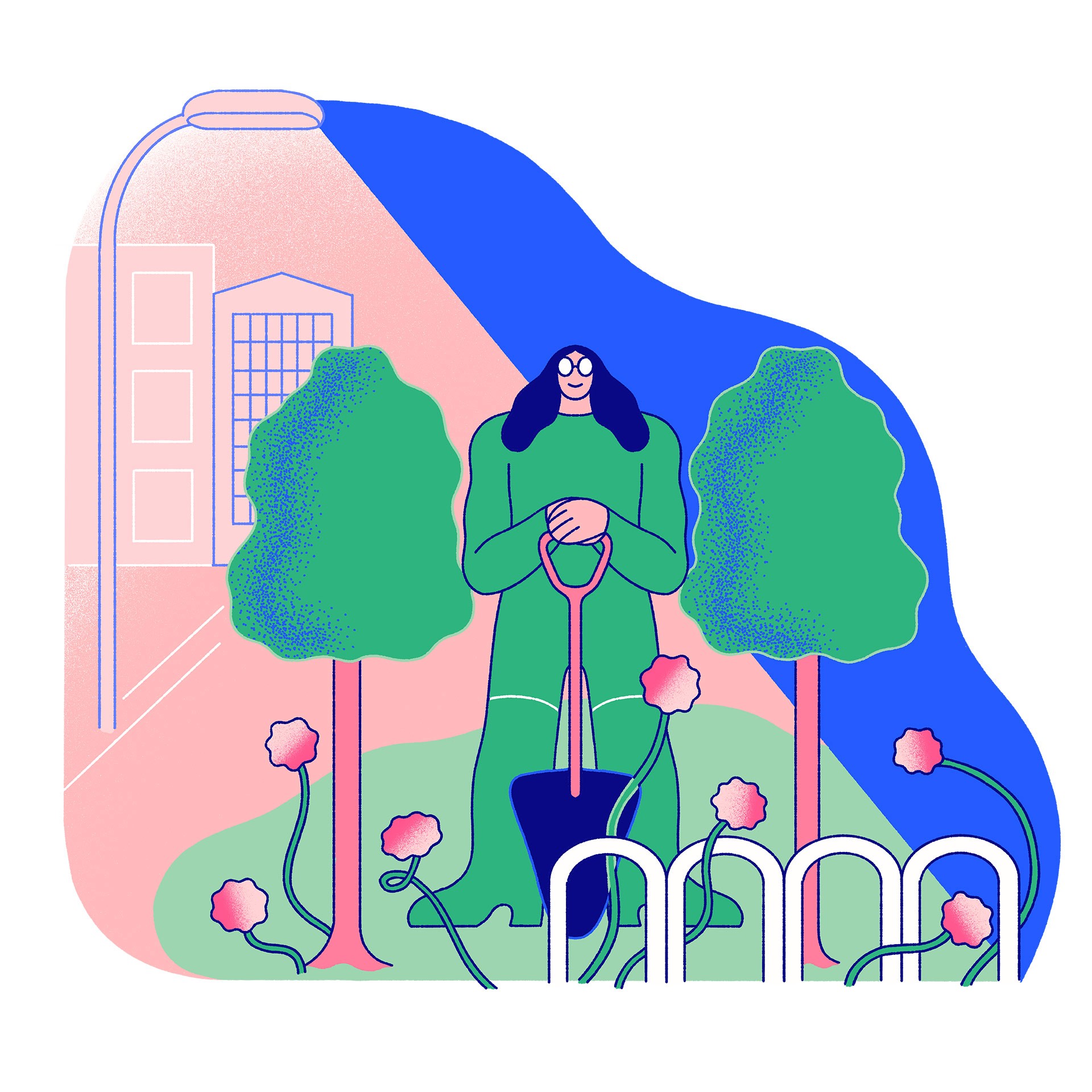 Illustration einer Person, die eine Grünpatenschaft besitzt und sich um eine städtische Grünfläche kümmert.